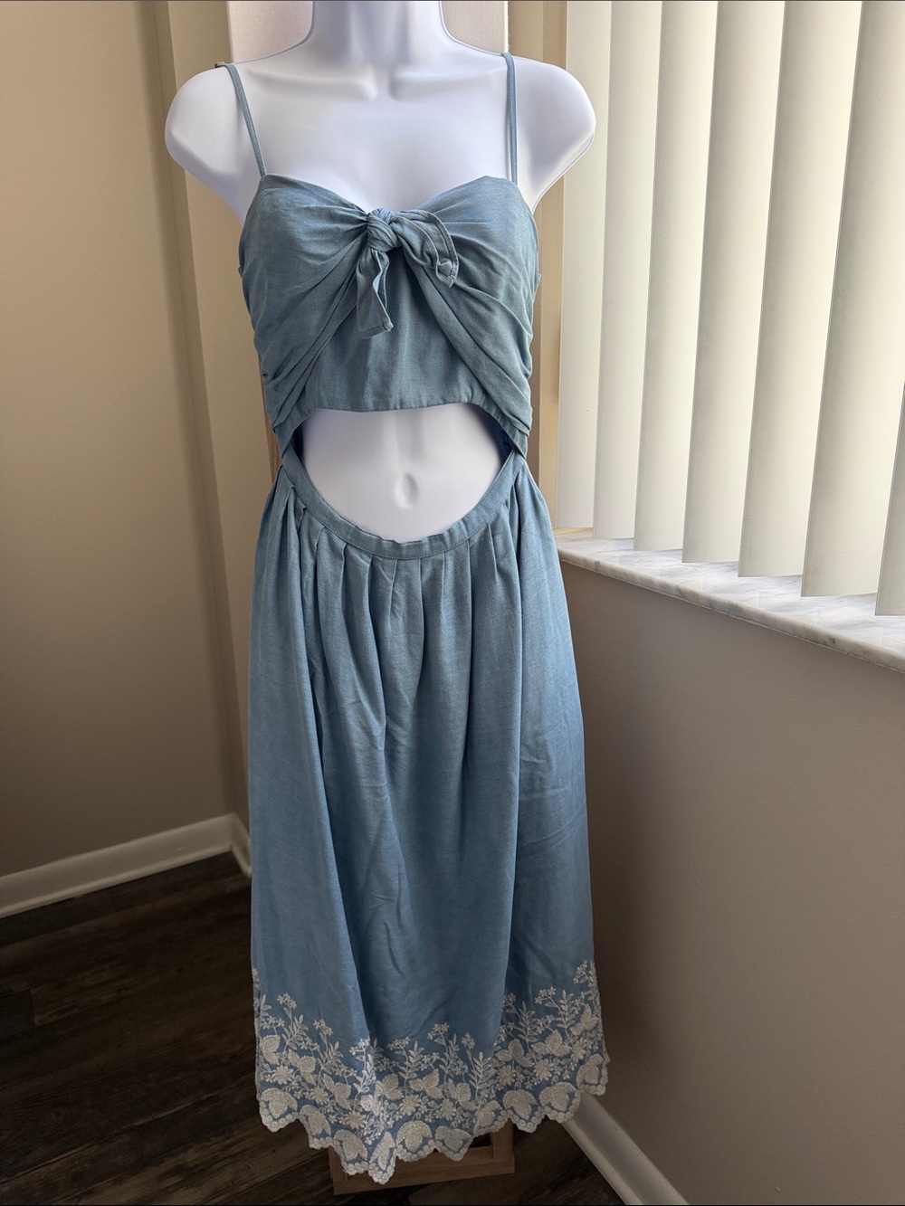 LoveShackFancy Light Blue Cutout Midi Dress with White Lace Hem